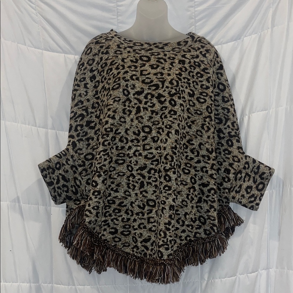 Do Everything in Love Leopard Print Dolman Sleeve Fringe Poncho OS